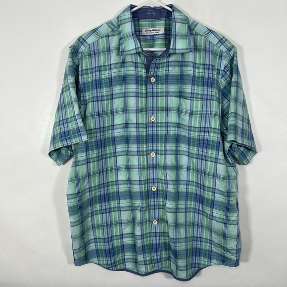 Tommy Bahama The Coconut Point Button Up Shirt Mens Large Green Blue Plaid SS - Picture 1 of 13